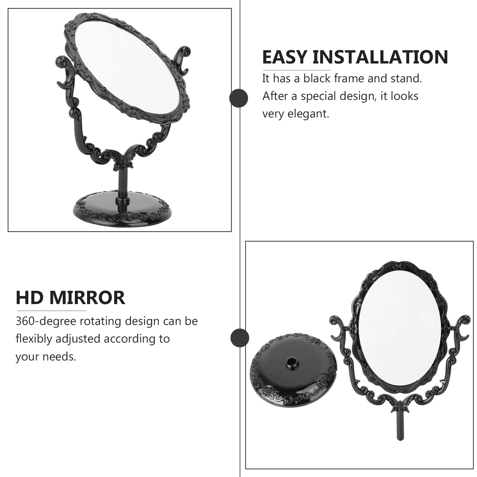 Gothic Desktop Rotatable Vintage Makeup Mirror Black Frame Elegant Rose Pattern Stable Bracket One Side Mirror