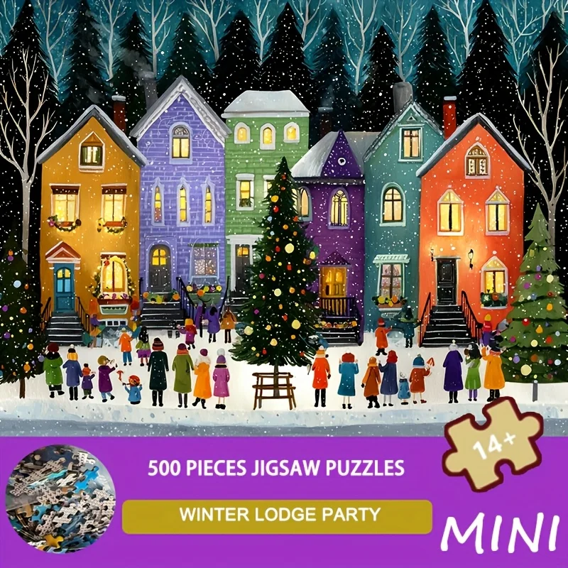 500-Piece Winter Lodge Jigsaw Puzzle For Adults, With Storage Box & A4 Poster, 15x10 Inches (38x26cm),Winter Scene Puzzle