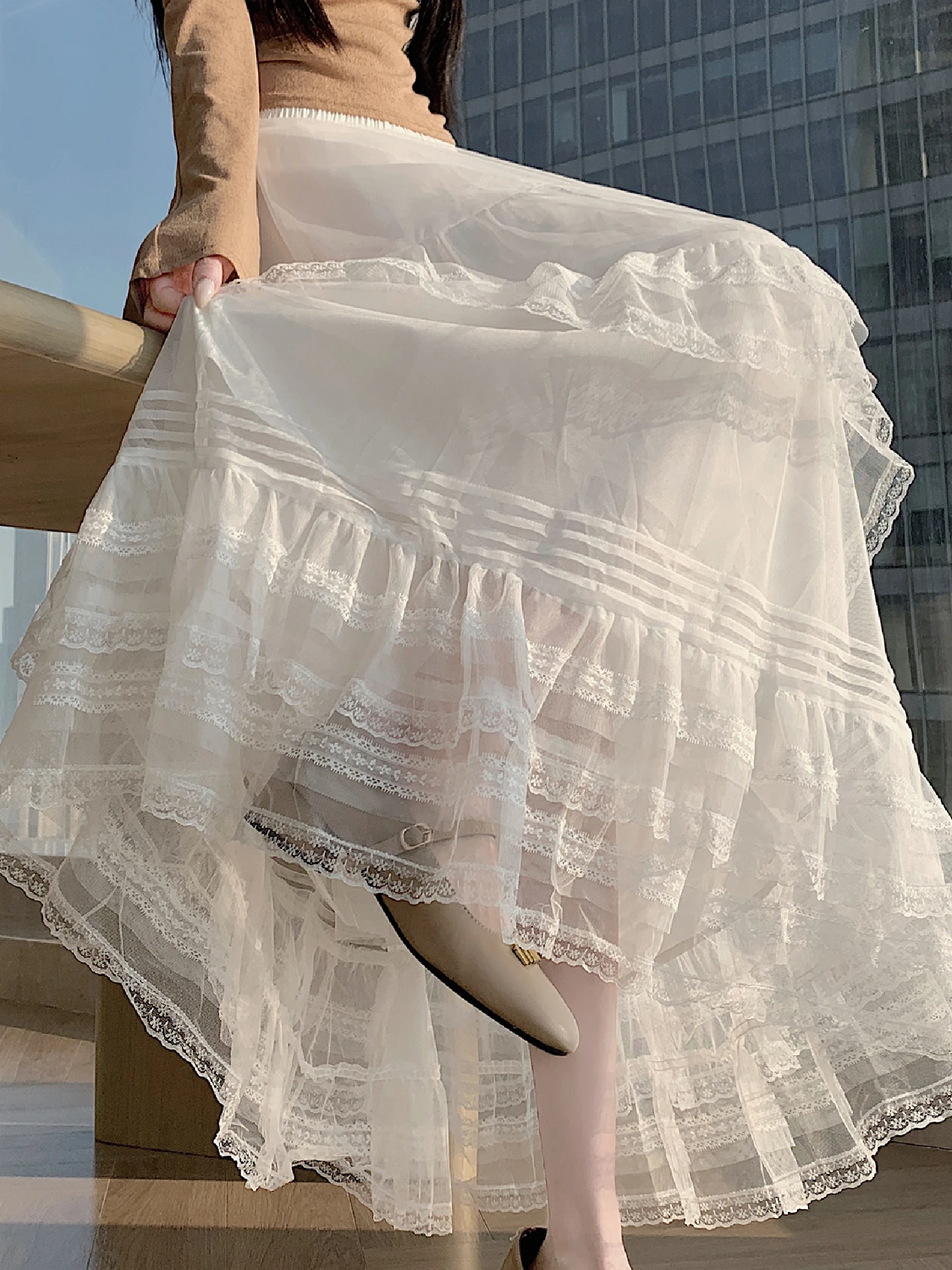 バレエスタイルレーススプライシングハーフスカート夏美しいおとぎ話ガウン弾性ウエストaラインふわふわケーキスカート韓国通勤