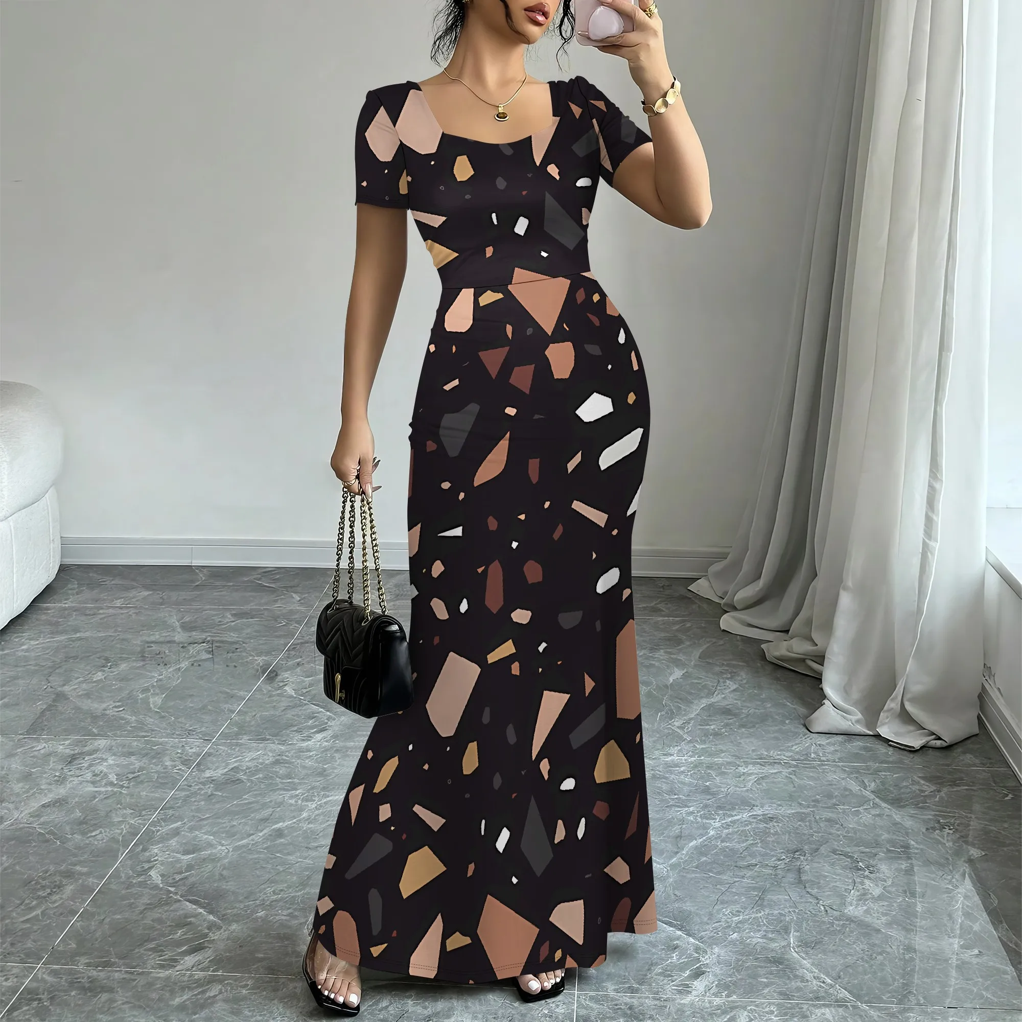 

Nupusa Terrazzo Print Dress for Women Regular Size Summer Casual Square Neck Short Sleeve Maxi Dress