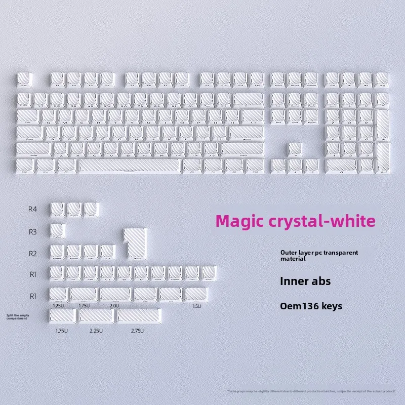 KUXM keycaps Crystal White OEM Side-Engraved 136-Key PC Transparent Magnetic Axis Keyboard