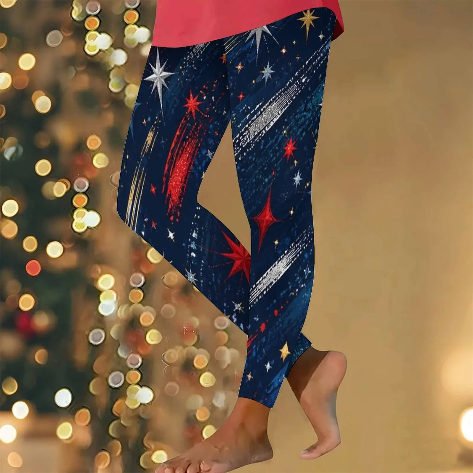Women Full Length Fitted Printed Leggings, Navy Starry Sky Star and Shooting Star Pattern