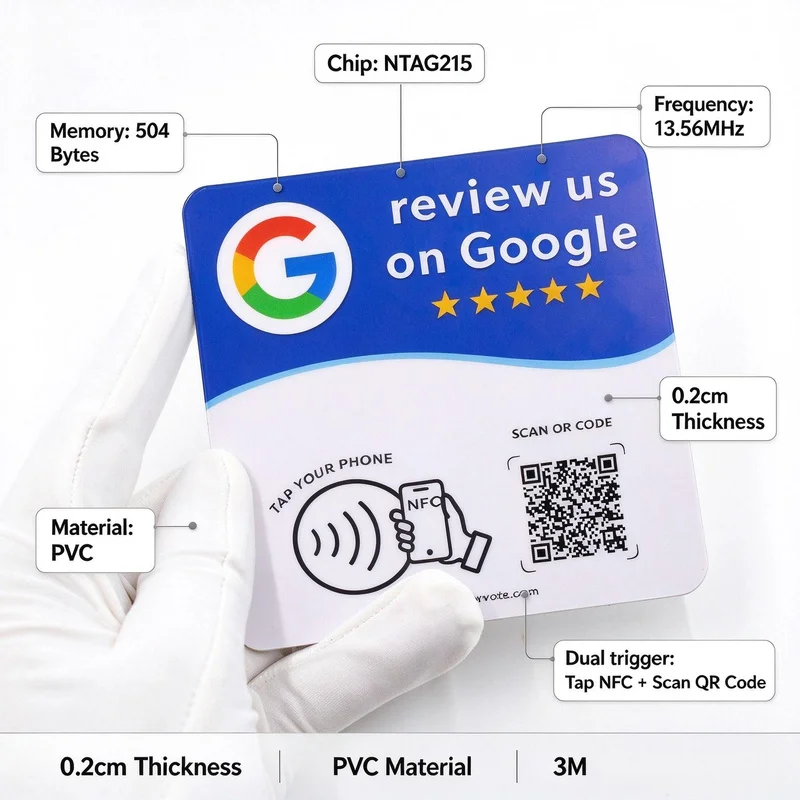 NTAG215 Google Review NFC Card Tap To Review Dynamic Editable QR Code 0.2cm Desk Sticker 1.8mm Acrylic Sign 13.56MHz For Busines