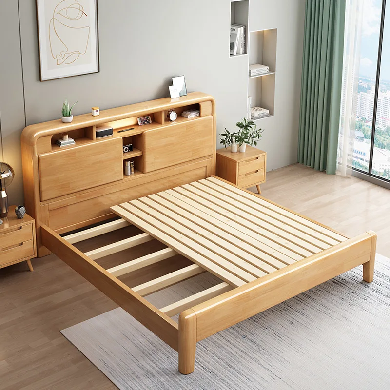 Solid wood bed, simple and modern 1.8 meters, master bedroom 1.5m single bed 1.35 high box storage