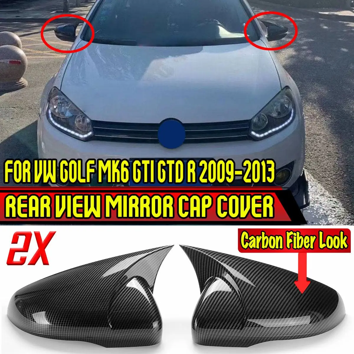 

Pair Rear View Mirror Cap Cover Left & Right For VW For Golf MK6 GTI GTD R 2009-2013 Side Wing Mirror Cover Glossy Black