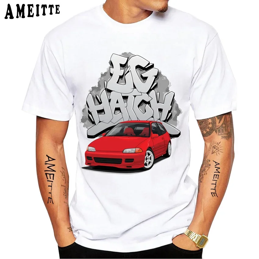 Civic EG hatch white with graffiti background Classic T-Shirt New Summer Men Short Sleeve Boy Casual White Tees Sport Tops