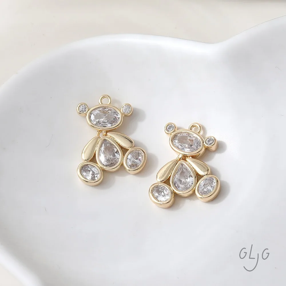 2PCS Cubic Zirconia Bear Charms for Jewelry Making Pendants Supplies Findings DIY Brass 14k Gold Plated Accessories 18*14mm view 4