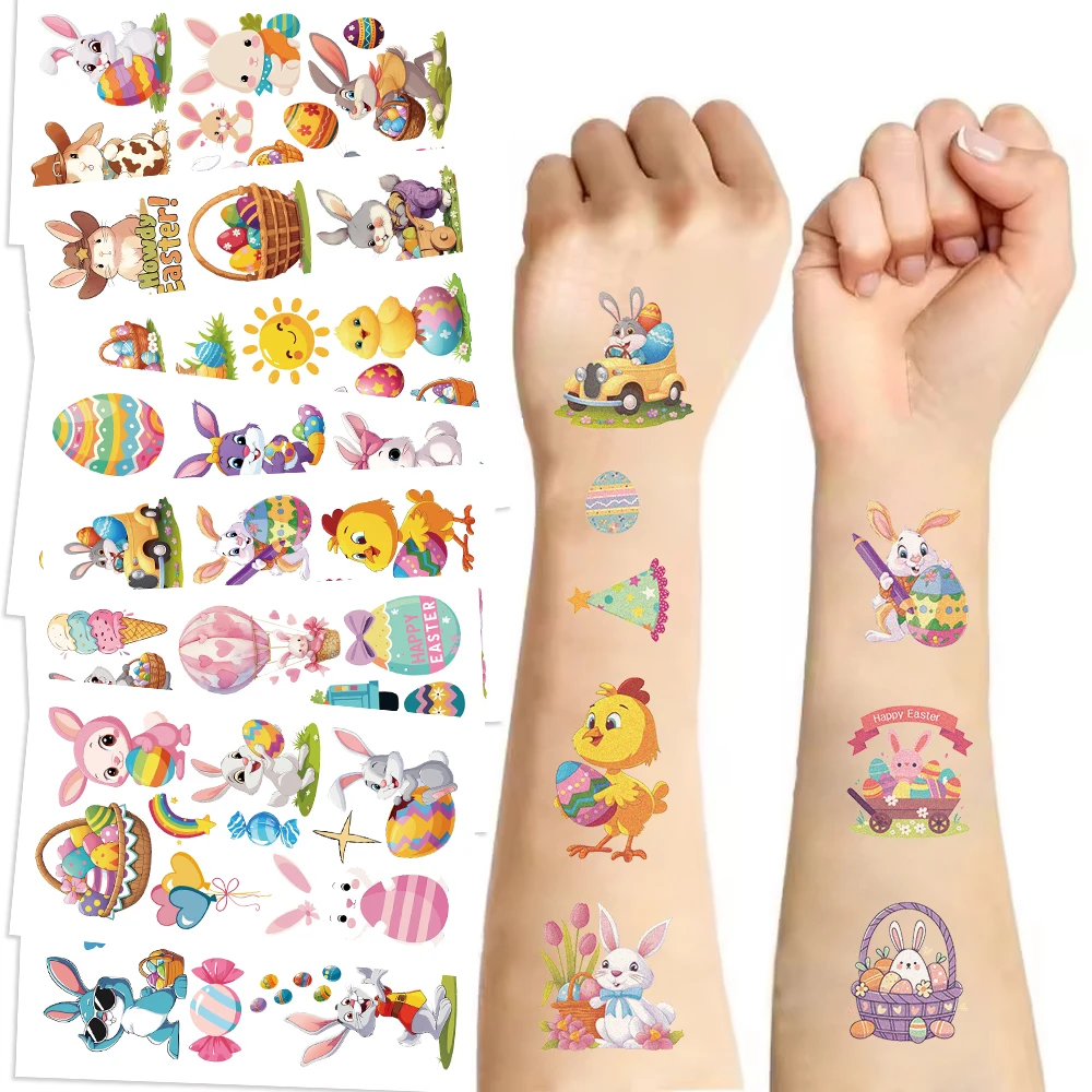 

10 Sheets Easter Tattoo Stickers Bunny Egg Patterns, Holiday Party Decoration Waterproof Temporary Tattoo Stickers
