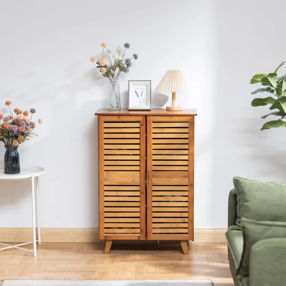 Bamboo Shoe Cabinet, Widen Shoe Storage Cabinet, Shoe Cabinet with 2 Doors for Entryway