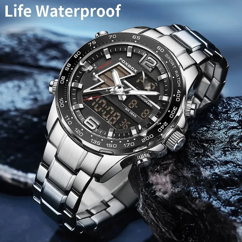 LIGE FOXBOX Luxury Dual Digital Display Watch All Steel Strap Fashion Quartz Man Watches Waterproof Alarm Clock Men Reloj Hombre