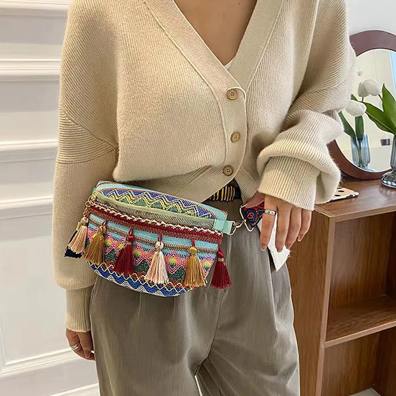 Women Folk Style Waist Bags With Adjustable Strap Variegated Color Fanny Pack With Fringe Decor Crossbody Chest Bags