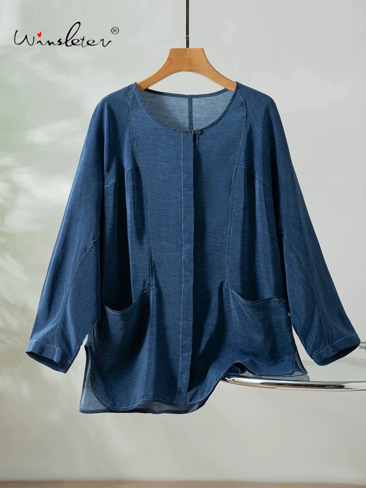 

Winsleter-100%Real Silk Double Crepe Elegant Shirt, O Neck Pocket, Women Fashion Casual Thin Loose Blouse, 2026 Summer T65438CC