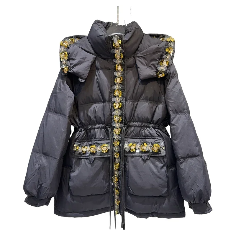 2024 Winter New Heavy Industry Gold Sequined Edge Drawstring Waist Warm Mid Length Hooded Down Jacket Women Puffer Jacket