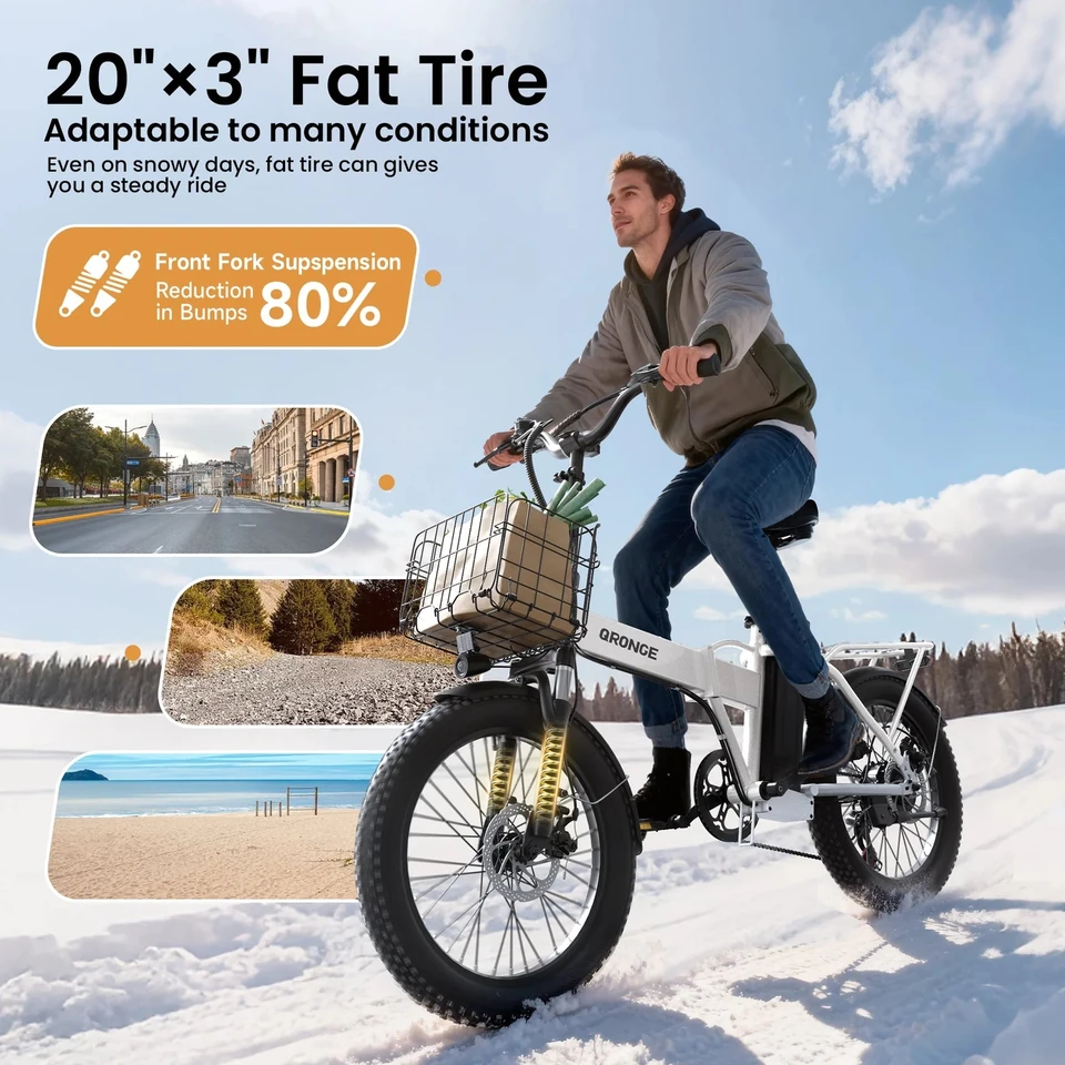 QRONGE Waterfall Folding Electric Bicycle 48V 13.5AH 20' Fat Tire Electric Bike 70 Max Miles E-bike Commute image 7
