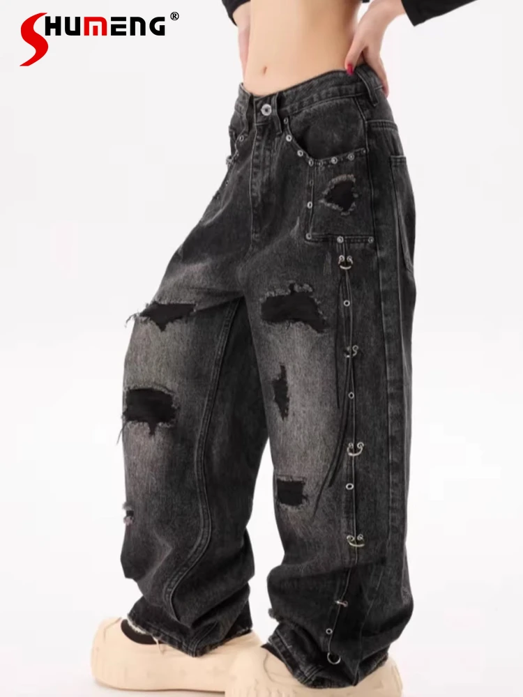 

Men's Women's 2026 Spring New Trendy Denim Trousers Chic Hole Metal Personalized Jeans Loose Light Luxury Stylish Straight Pants