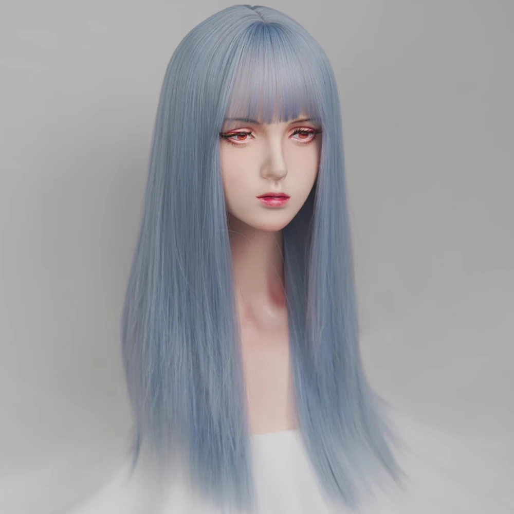 VICWIG Long Straight Light Blue Wigs with Bangs Synthetic Women Natural Lolita Cosplay Hair Wig for Daily Party