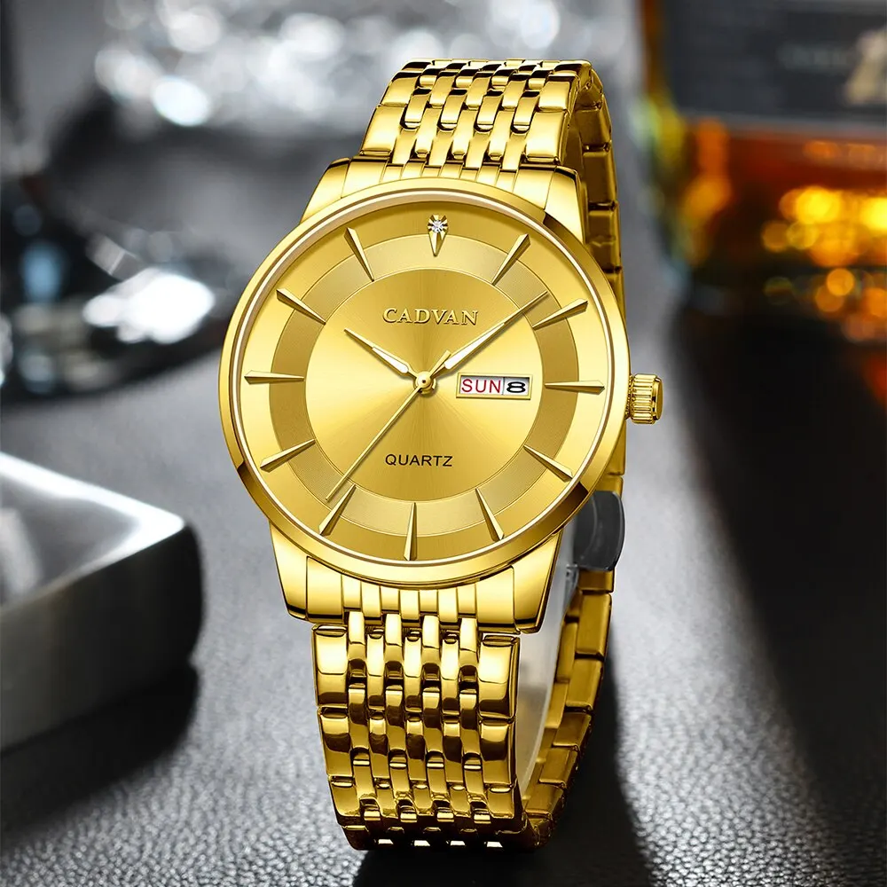 CADVAN-ساعة معصم من الفولاذ المقاوم للصدأ للرجال ، زر ضغط ، مشبك مخفي ، مقاوم للماء ، مضيء ، تاريخ أسبوع ، رياضة ، جودة عالية ، فاخر