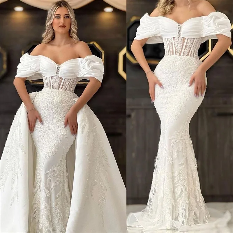 Elegante Vestido de novia de encaje de sirena con tren desmontable, hombros descubiertos, apliques, Vestido de novia hecho a medida