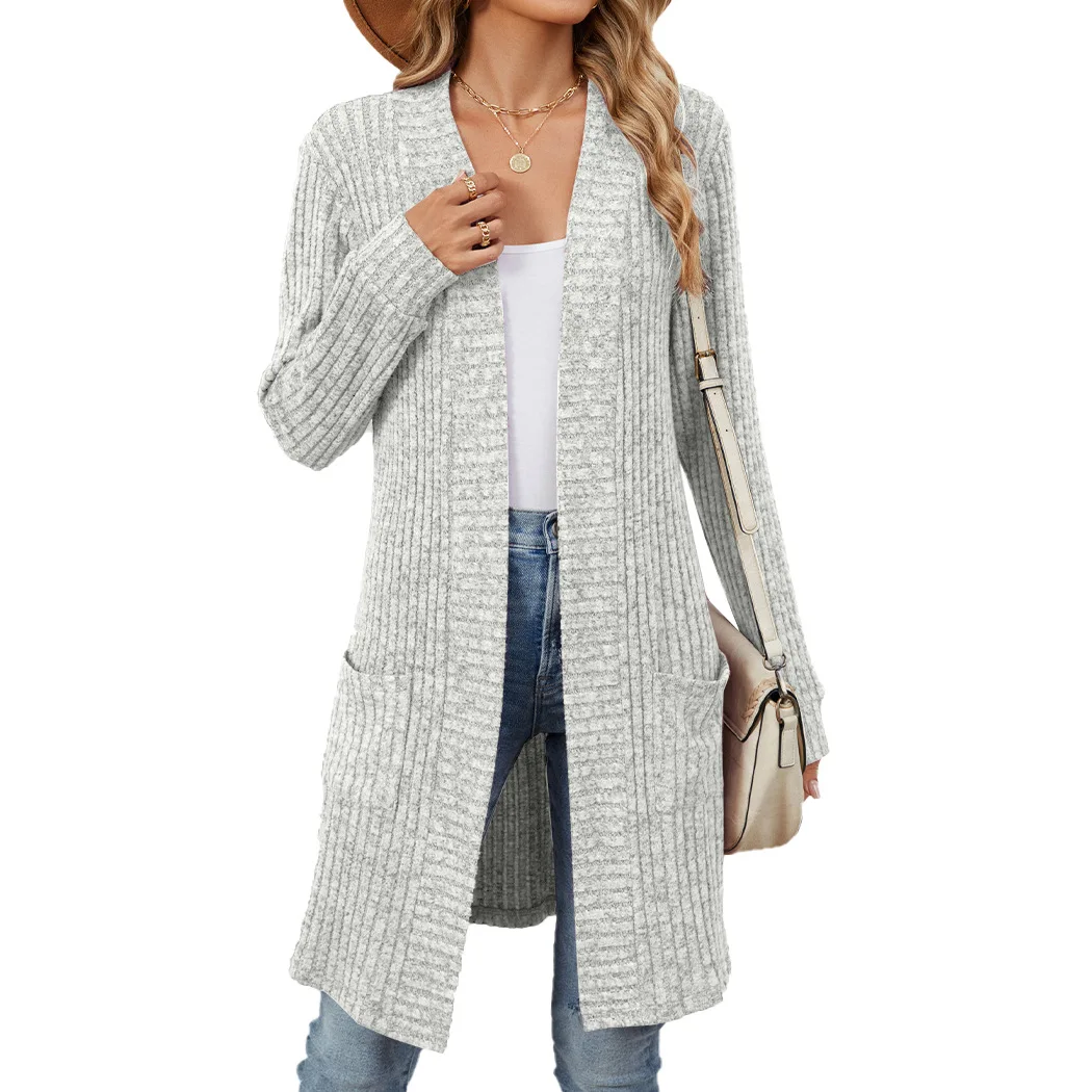 Veste cardigan à manches longues pour femme, poche adt, document long, automne et hiver