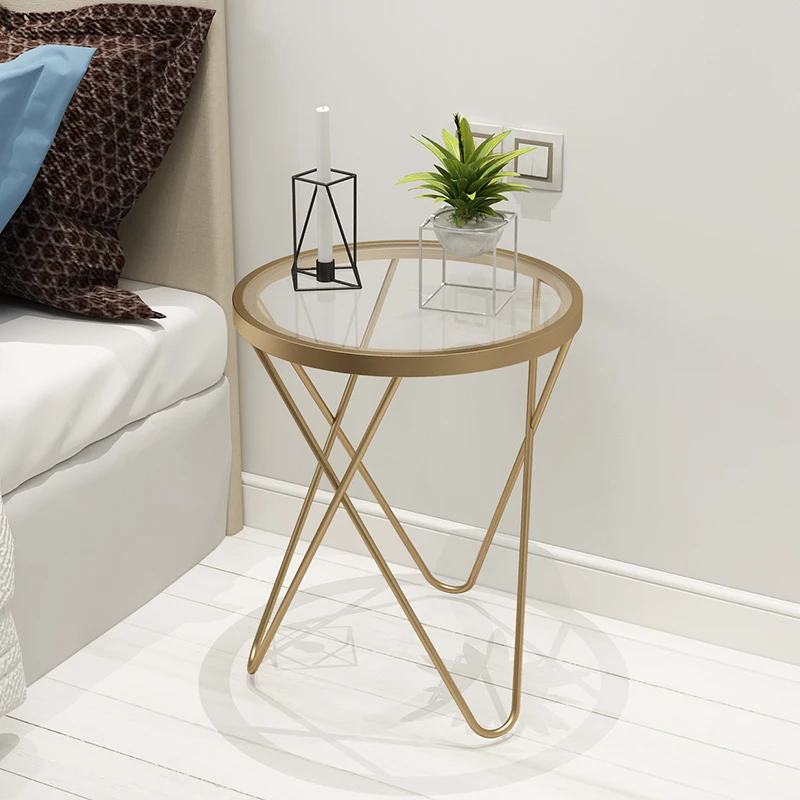 Nordic Gold Round Coffee Table Living Room Small Auxiliary Bedside Table Glass Hall Furniture Mesa Auxiliar Home Decoration