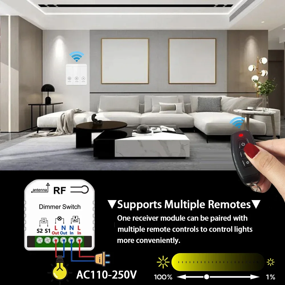 AC110V 220V wireless dimmer switch light brightness adjustable RF433mhz remote control supports 2-way LED halogen light Dimming