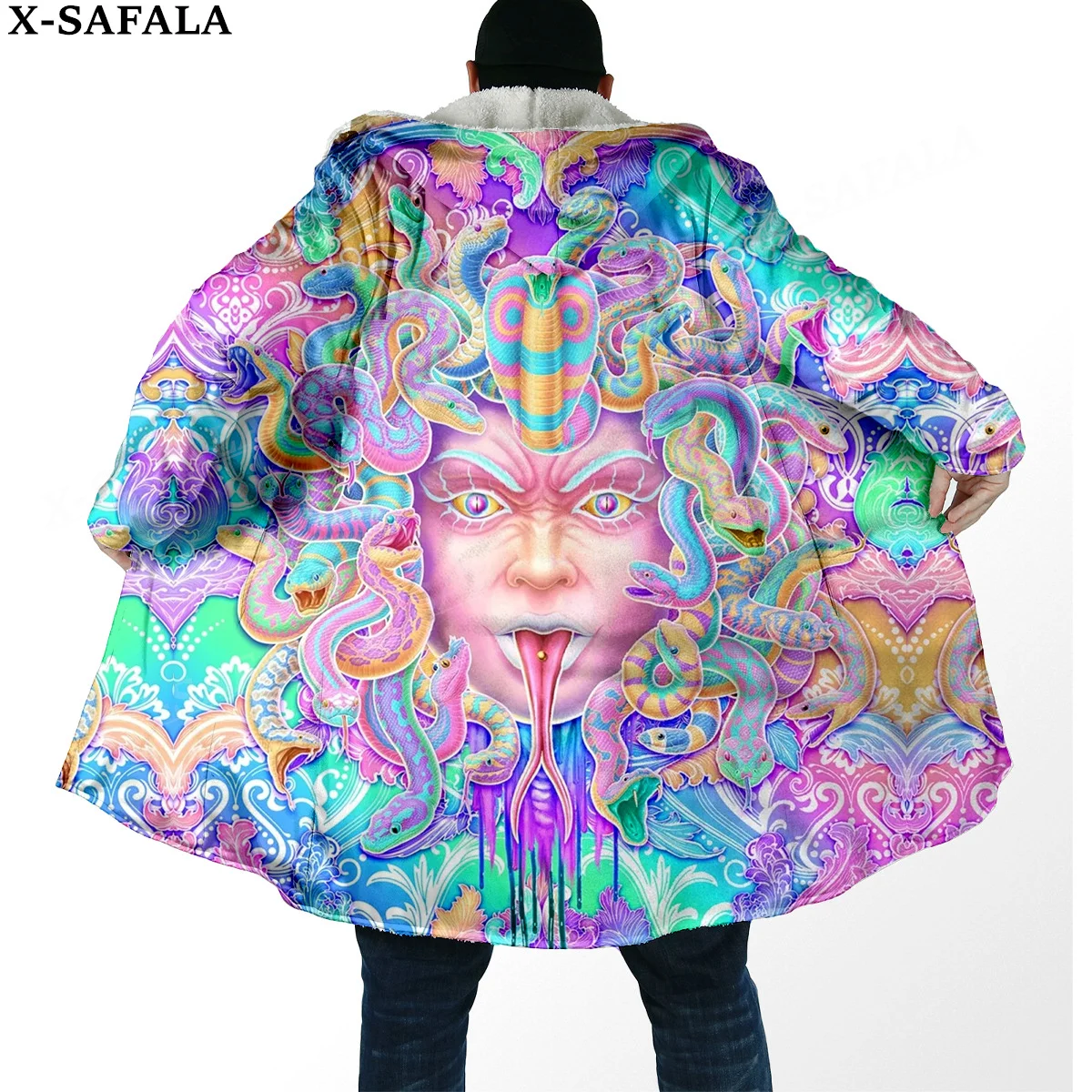 Gothic Aesthetic Weed Paychedelic  Print Thick Warm Hooded Cloak Men Overcoat Coat Windproof Fleece Cape Robe Hooded Blanket-3