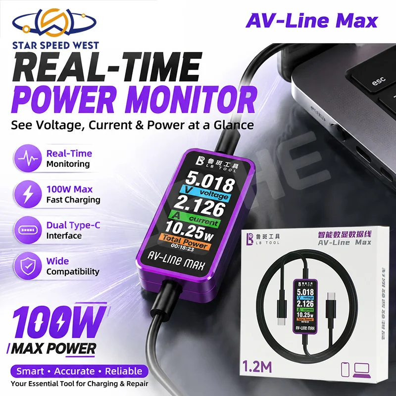 LB Tool AV Line Max Intelligent Digital Display Data Cable HD TFT Screen Voltage Current Power For Phone Laptops Tablets Repair