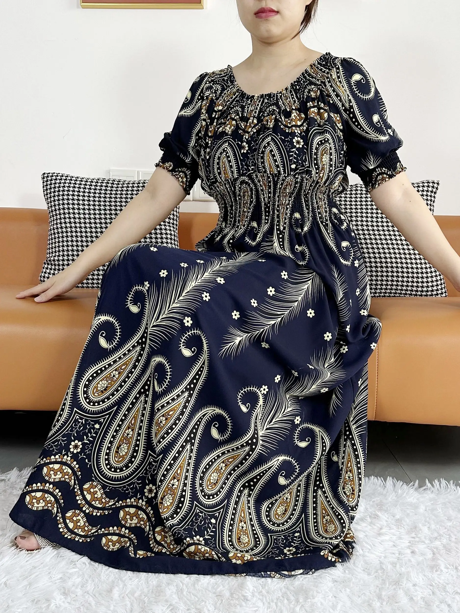 Women Party Dress Muslim Summer Short Sleeve Long Dress Collect Waist Floral Boubou Maxi Islam Women Dress African Abaya Clothes