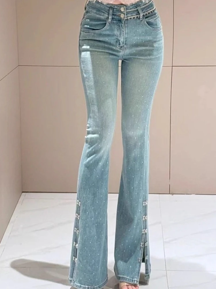 Mode Split Denim Broek 2025, Herfst Winter Nieuwe Hoge Taille Vrouwen Broek Slanke Zware Hot Diamond Elegante Flare Jeans dames