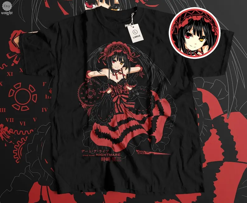 Unisex Timekeeper Kurumi Tee - Anime-Inspired Gothic Elegance, Tokyo Spirit Chronicle Shirt, Retro Clockwork Angel, Manga Enigma