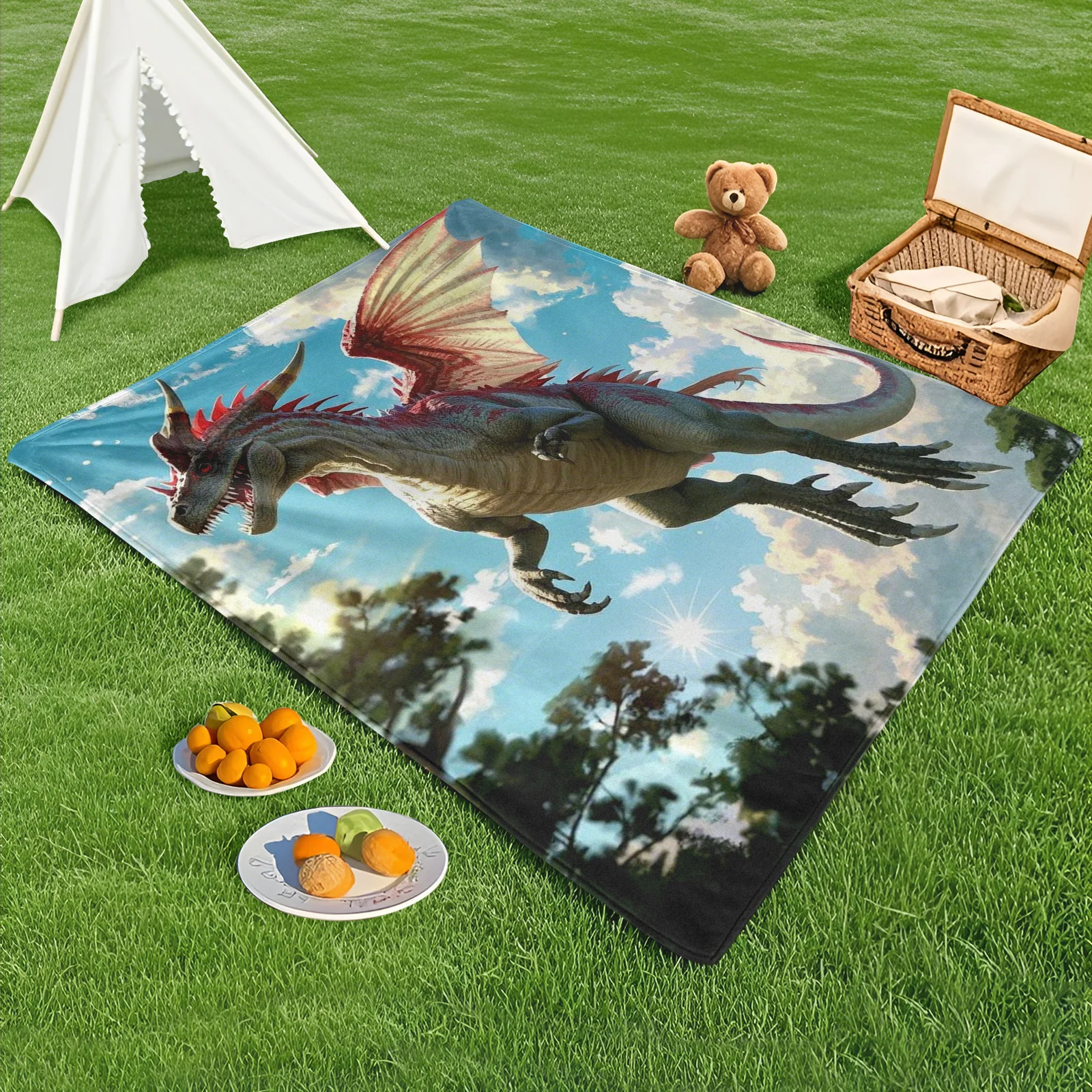 

Dilophosaurus Fantasy Outdoor Blanket Featuring Flying Dinosaur With Wings For Camping And Outdoor Enthusiasts