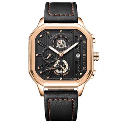 POEDAGAR Square Watch Men Fashion Luminous Waterproof Quartz Wristwatches Sport Chronograph Calendar Clock Male Casual Leather