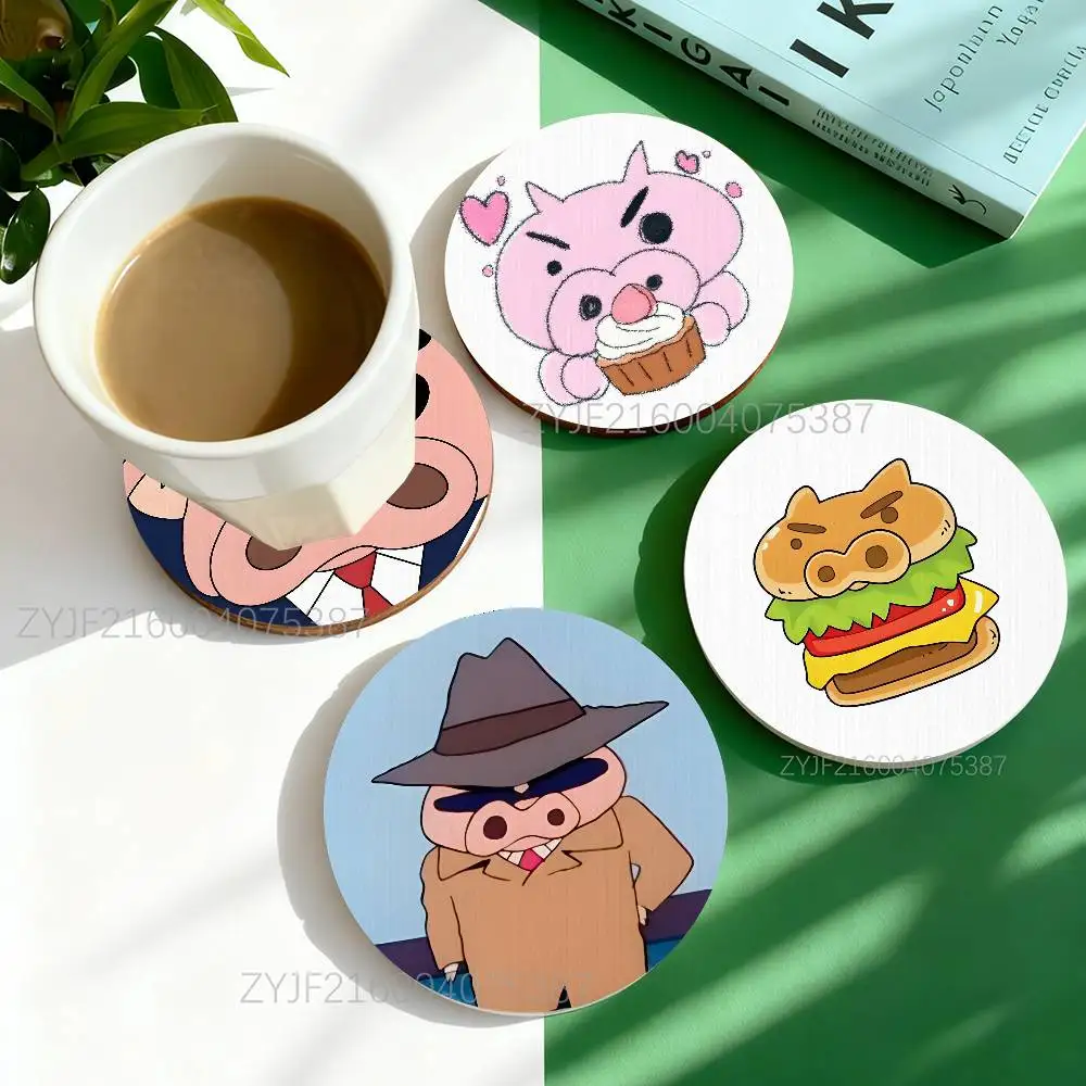 

B-Buriburizaemon Pig Cartoon Round Wooden Coasters For Design Suitable for Drinks Tea,Coffee Home Perfect Gift Holidays