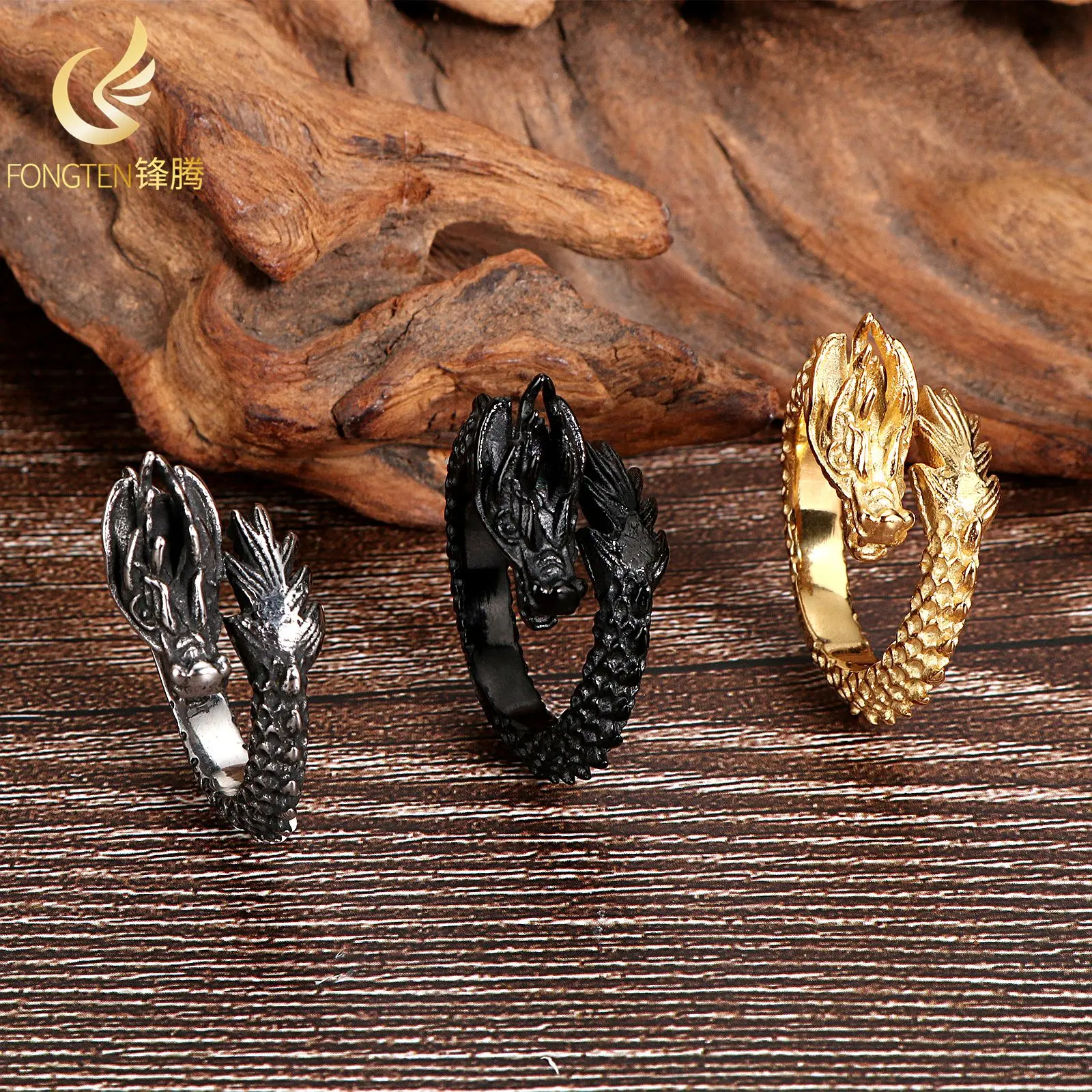 Fongten Men Vintage Ethnic Stainless Steel Dragon Head Ring Punk Youth Nostalgia Metallic Finger Accessory Fashion Jewelry Gifts