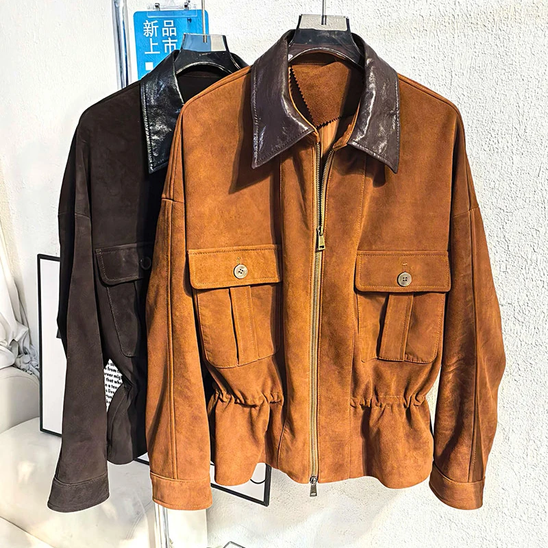 سترة شتوية من جلد الغزال الأصلي للسيدات موضة التلبيب جيب الرباط معطف جلد الغنم فضفاض النحيف Naturalna Sk oorzana Kurtka Damska #6