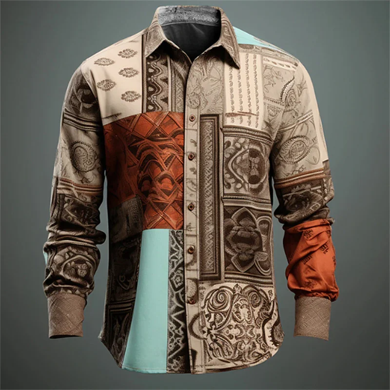 Camisa masculina de manga comprida estampada, Outdoor Street Clothing, Respirável, Designer Fashion, Casual