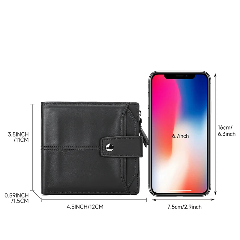 Men Short Genuine Leather Wallet Multi-Functional Fashion Black Zipper Pocket Card Holder Slot Large Capacity Wallets