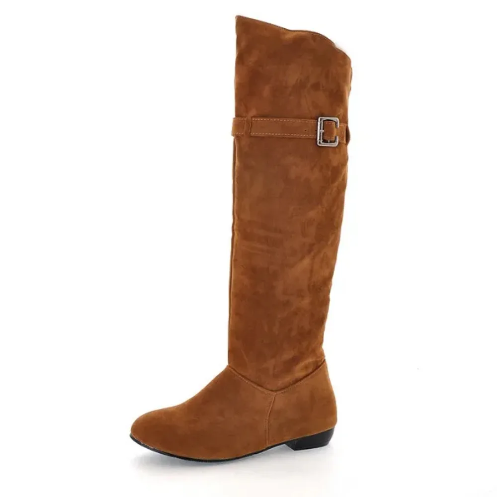 Botas Mujer Style Knee High Boots Women Round Toe Flat Heel Fahsion Belt Buckle Femme Black Yellow Brown Long Boots 822