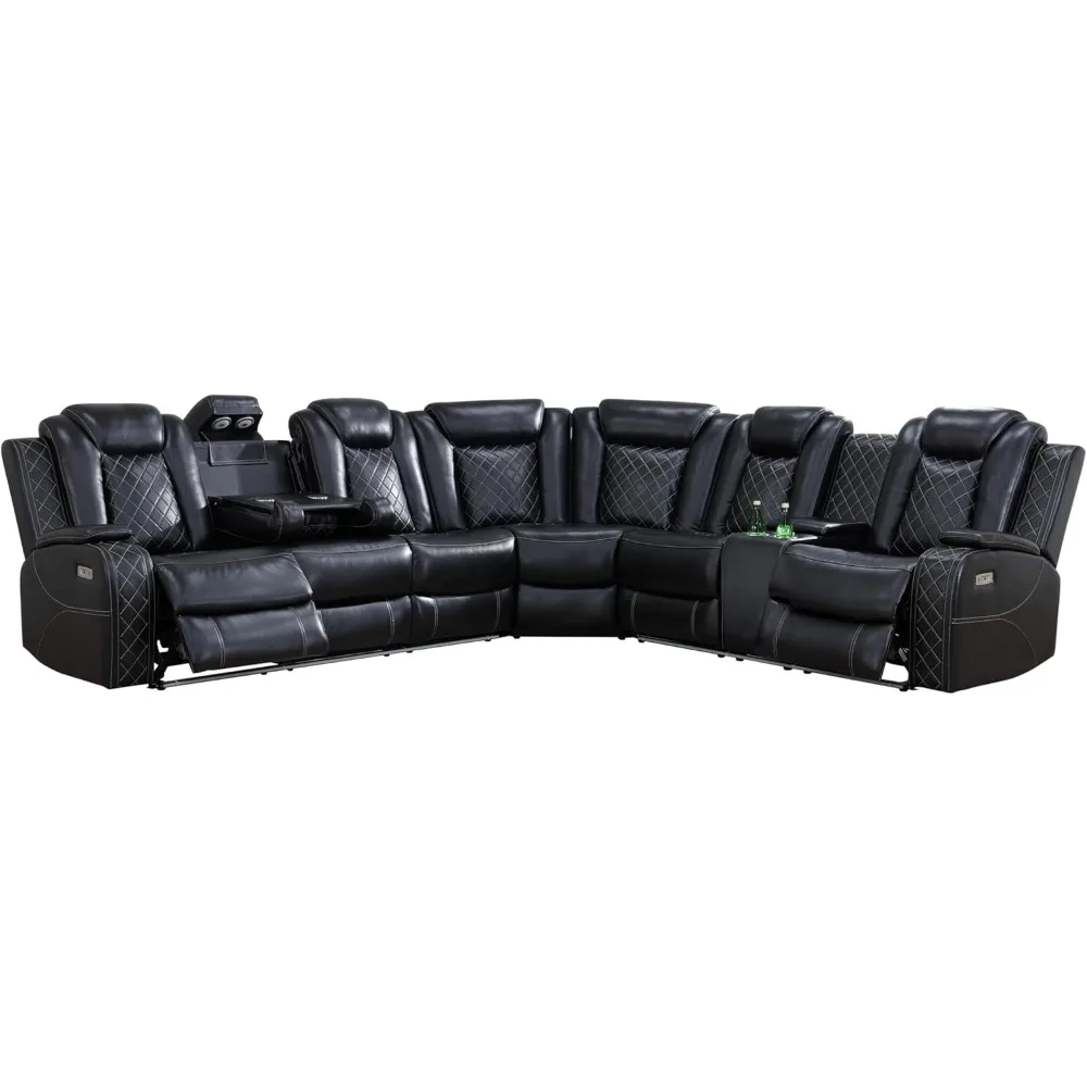 recliner, Leather Recliner Sectional with LED Lights, Reader Lights, Storage Consoles, Cup Holders, USB Charging Port, Sofa Livi