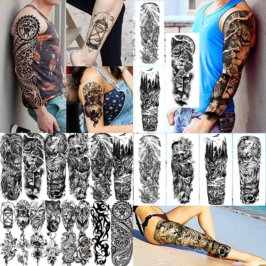 

20 Sheets Extra Large Full Arm Temporary Tattoos For Men Adults, Tiger Snake Leopard Lion King Temporary Tattoos Sleeve For Women, Temp Waterproof Fake Tattoo Stickers For Kids Warrior