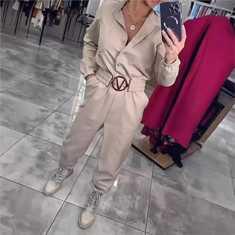 Fashion Long Sleeves Jumpsuit Women Autumn Trousers One-piece Suits Long Sleeves Shirts Belt Solid V-neck Street Work Jumpsuits