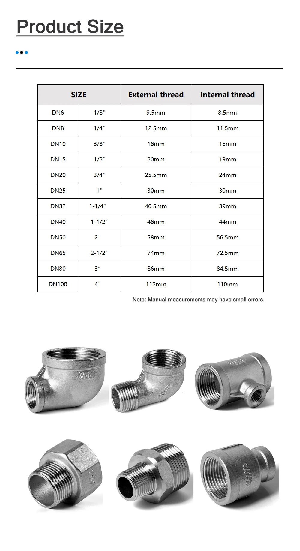 304 Edelstahl BSP-Gewinde-Rohrverschraubungen 1/8''-2'' Winkel 45/90 Grad, T-Stück, Vierwege-Verbinder, Reduzierstück, Stecker/Buchse Adapter – Detail 2