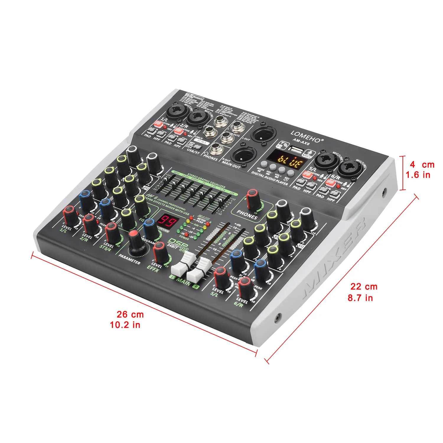 Imagem -06 - Channel Mixing Console Bluetooth Audio Sound Mixer 48v 99 Dsp Tabela Profissional Usb pc Jogar Gravar Karaoke Am-ax6 Lomeho6