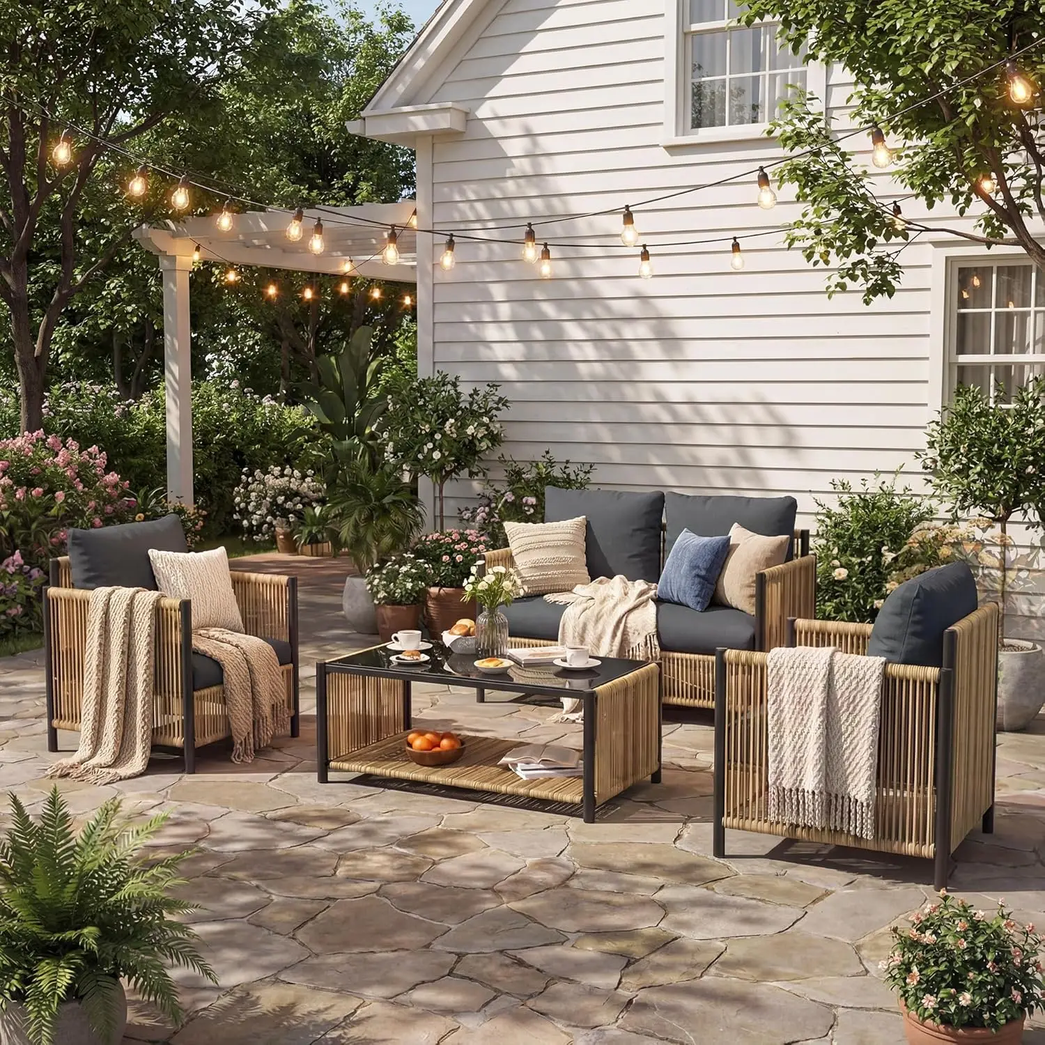 

Aluminum Outdoor Patio Furniture Set - 2 Pcs Armchair, Loveseat & Dual-Layer Coffee Table - Rope Sectional, Customized