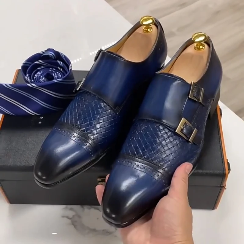 

Luxury Men's Business Dress Shoes Blue Genuine Leather Double Button Monk's Shoes Pointed Toe Breathable Men's Mengke Shoes