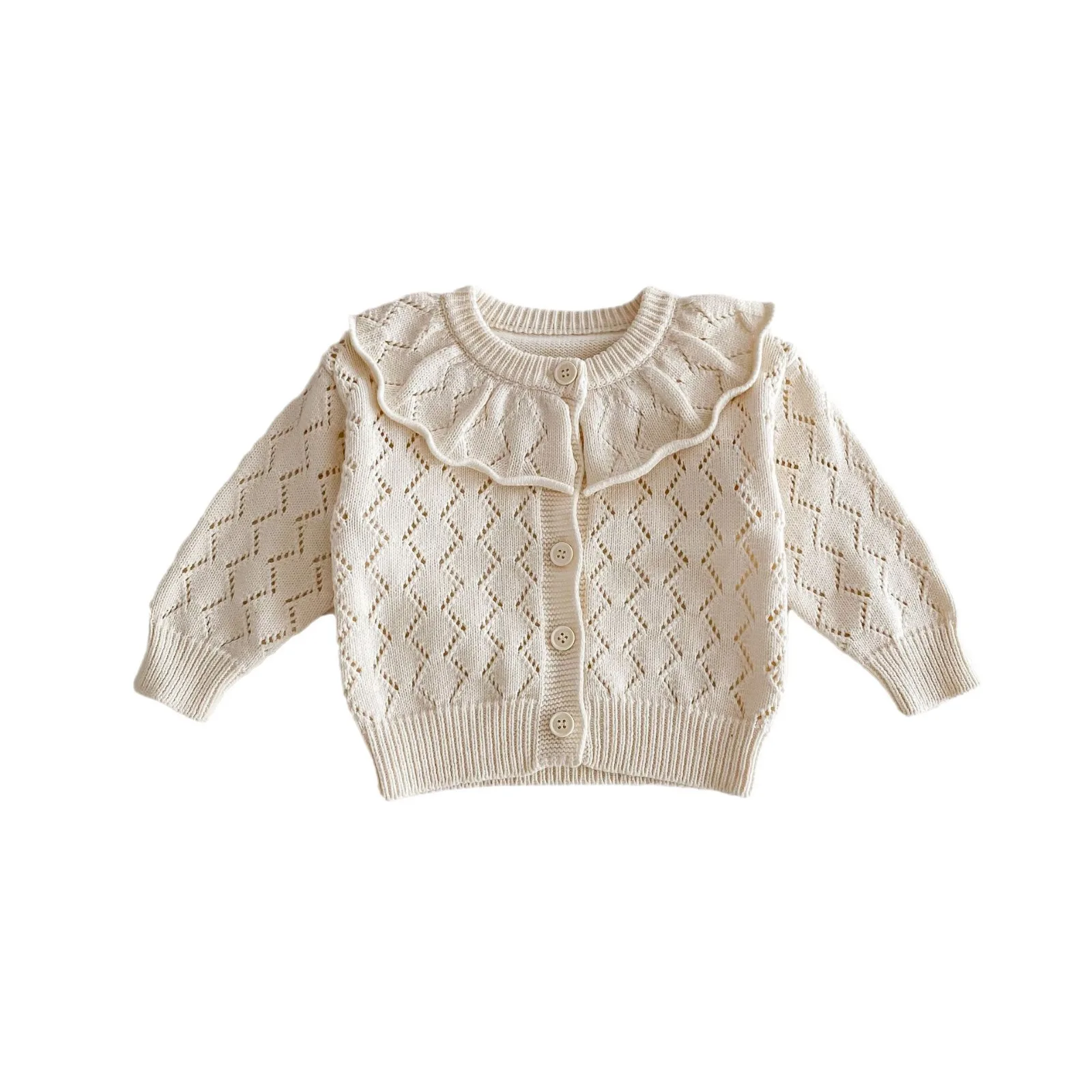 Suéter ahuecado de hilo de algodón para niña, Chaqueta de manga larga con cuello de volantes grandes, Primavera, nuevo estilo, 0-3 años