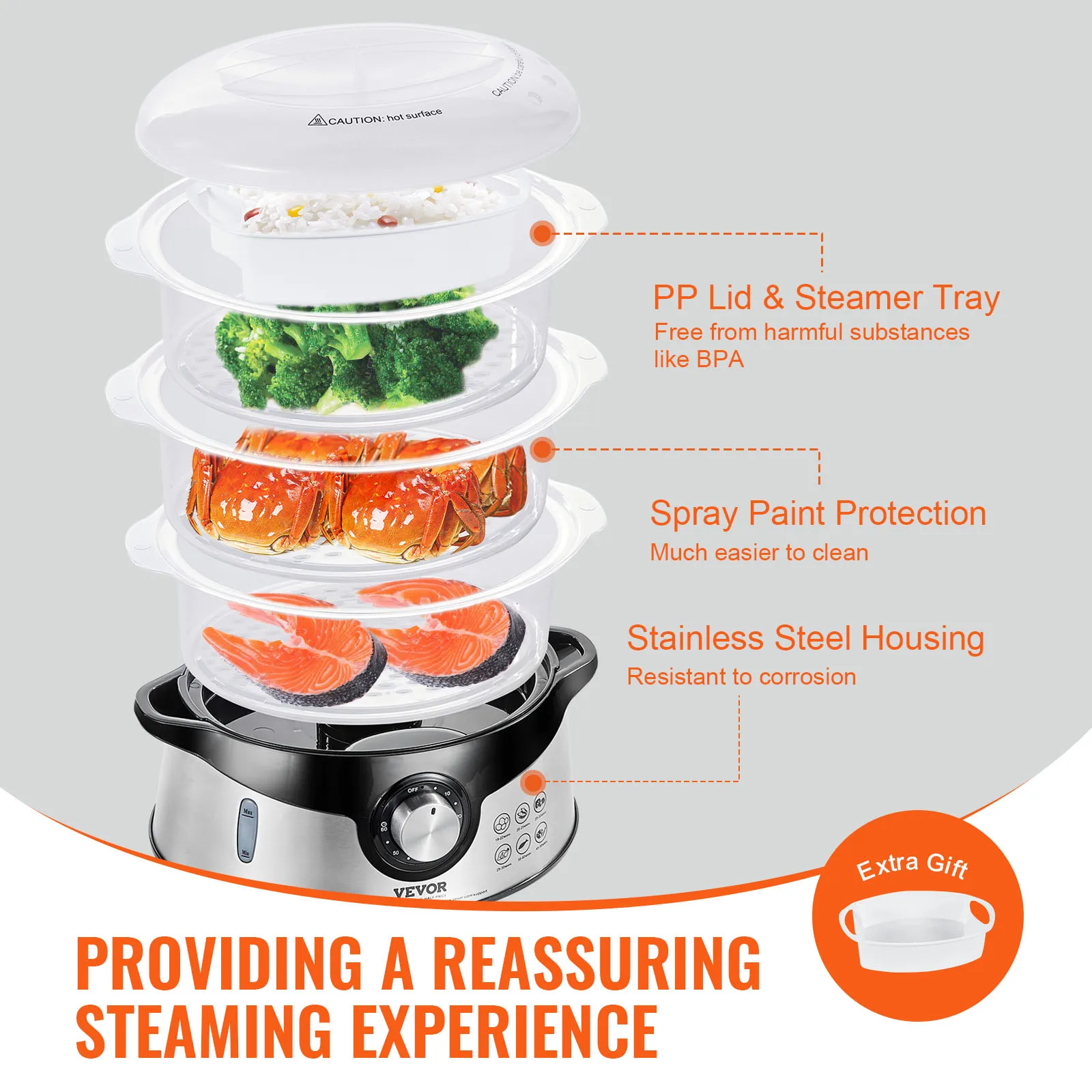 VEVOR Electric Vegetable Food Steamer with 3-Tier Stackable Trays 800W Steamer with Time Auto Shut-Off and Boil Dry Protection