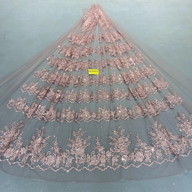 

5 Yards Rose Gold Hot Sale Fadhion Design Africa Glitter Fabric Embroidery Net Lace With Glued Glitter Sequins Wedding Or Party