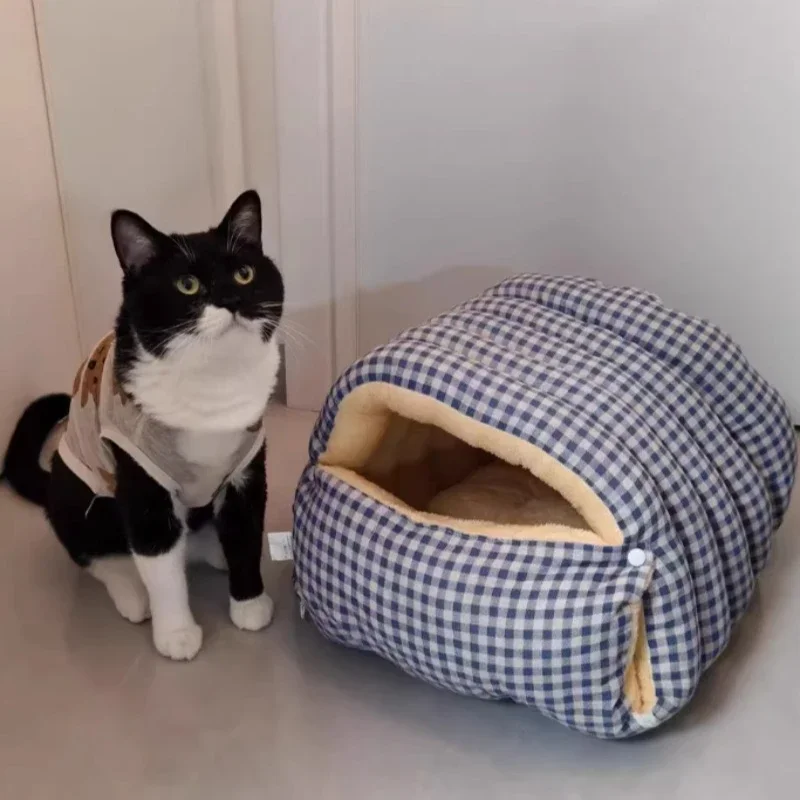 3kg Winter Cat Dog House Closed Security Warm Plus Velvet Cold Cat Sleep Wrapped Pet Detachable Plaid Cover Small Pet Nest Cat