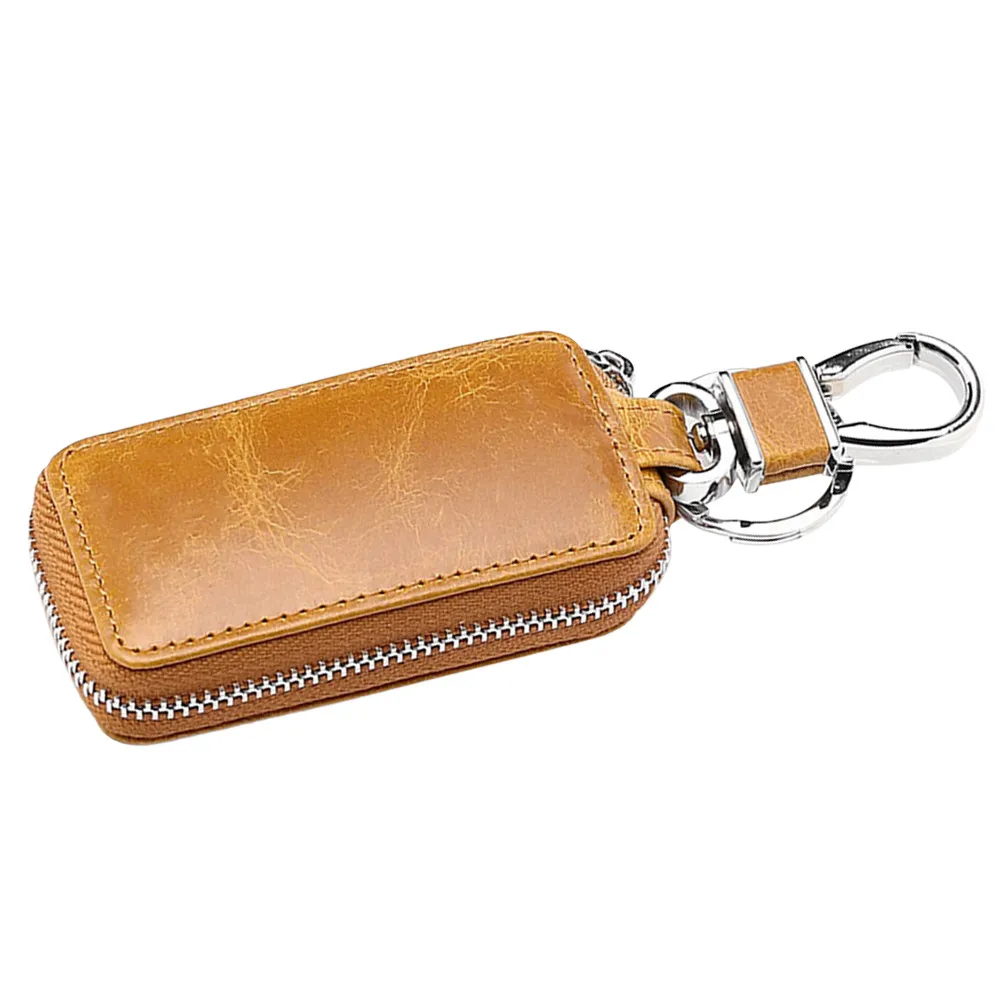 Retro Car Key Holder Premium Top-Grain Compact Key Case with Smooth Zipper and Strong Belt Hook for Vehicle Keys